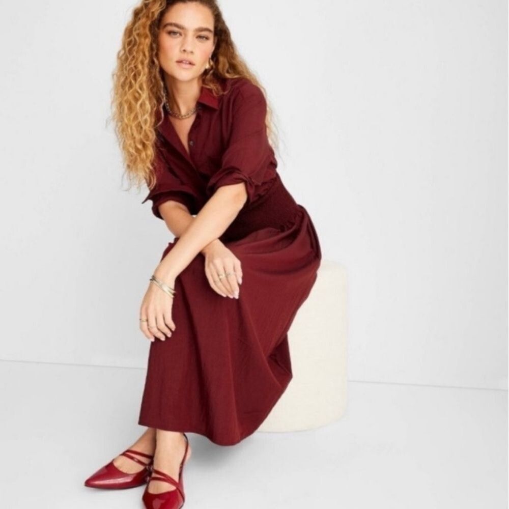Future Collective Long Sleeve Smocked Midi Shirtdress Burgundy Red Large Nwot